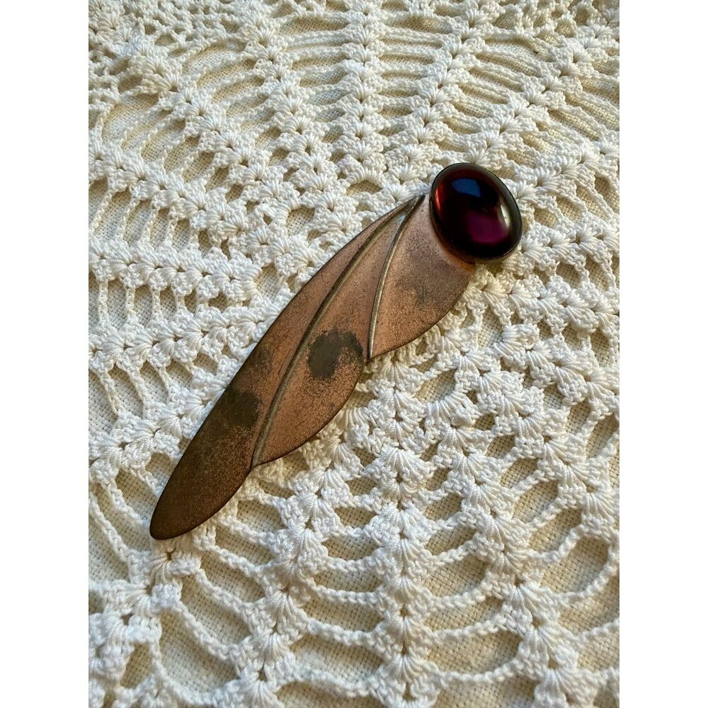 Vintage Signed Louis Booth Modernist Copper Leaf Brooch Red Glass Cabochon Pin